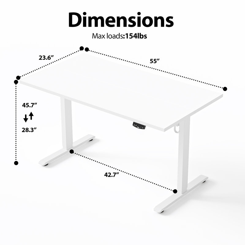 Bureau debout à hauteur ajustable électrique de 55 po avec contrôleur de mémoire, Blanc, H 45,7 po x l 55 po x P 24 po