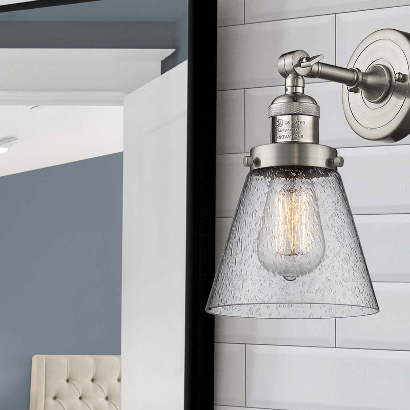 Cone 1 Light Sconce, 6 Watt Vinage LED Bulb, Seedy, Brushed Satin Nickel