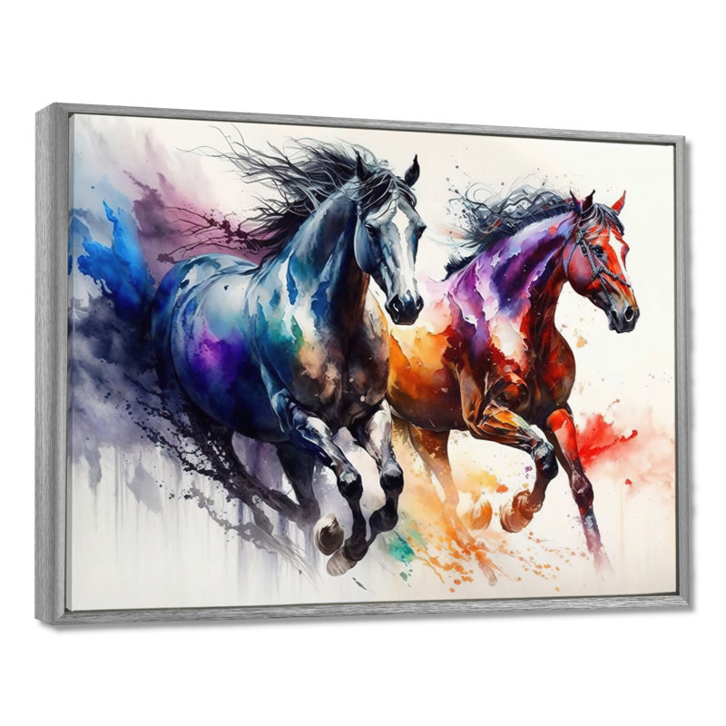 Chevaux qui courent II - cheval, art mural, H 30 po x l 40 po x P 1,5 po, Silver Floater Framed