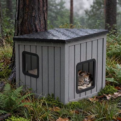 Outdoor Cat House Weatherproof – Durable 22.24" Resin Shelter for Indoor & Outdoor Use, Easy to Clean