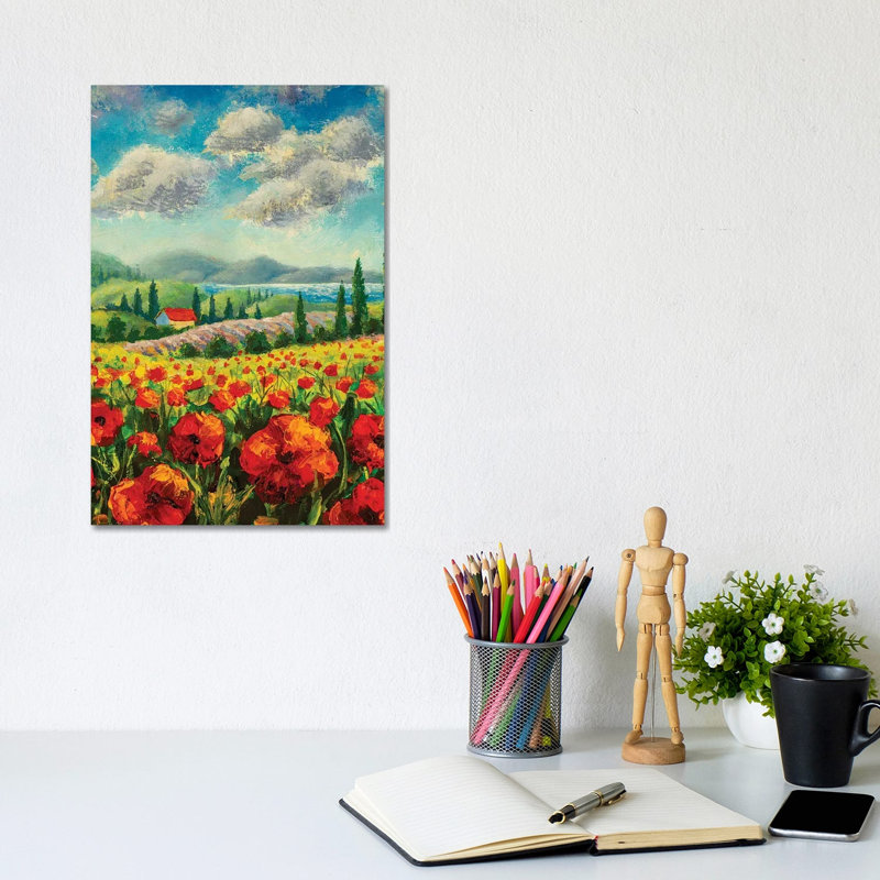 Landscape With Cypress Trees, Red Poppies, Beautiful Sea by Valery Rybakow - Wrapped Canvas Painting, 20.32 cm H x 30.48 cm W