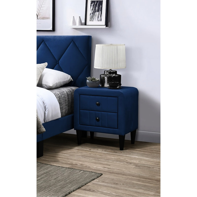 Table de chevet contemporaine en velours bleu marine avec rangement à 2 tiroirs, Marine