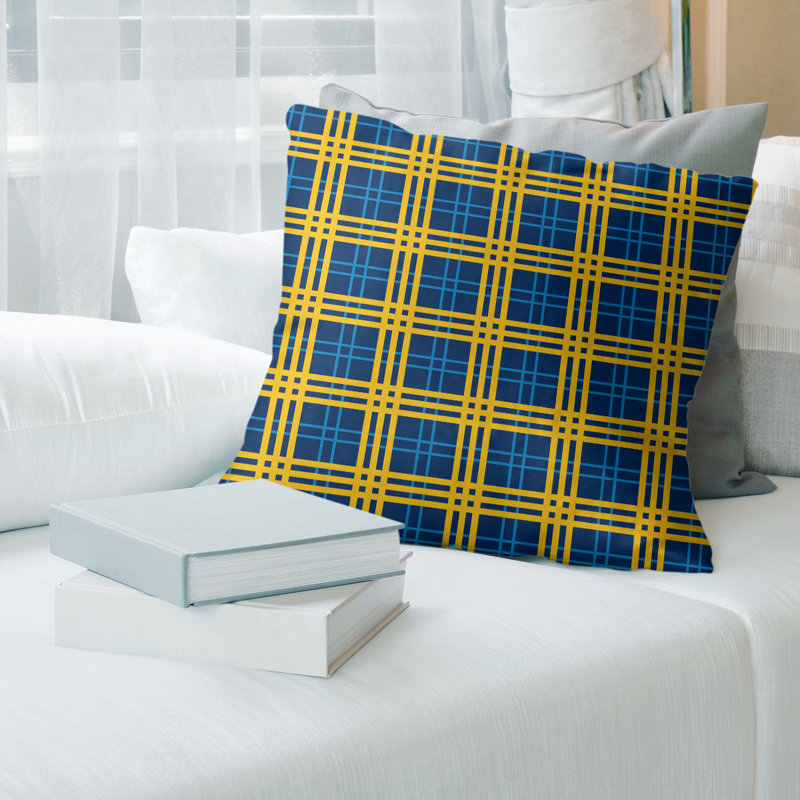 Housse de coussin carré et insert, Bleu marine / bleu pastel / or, 14 po x 14 po, Mélange de coton