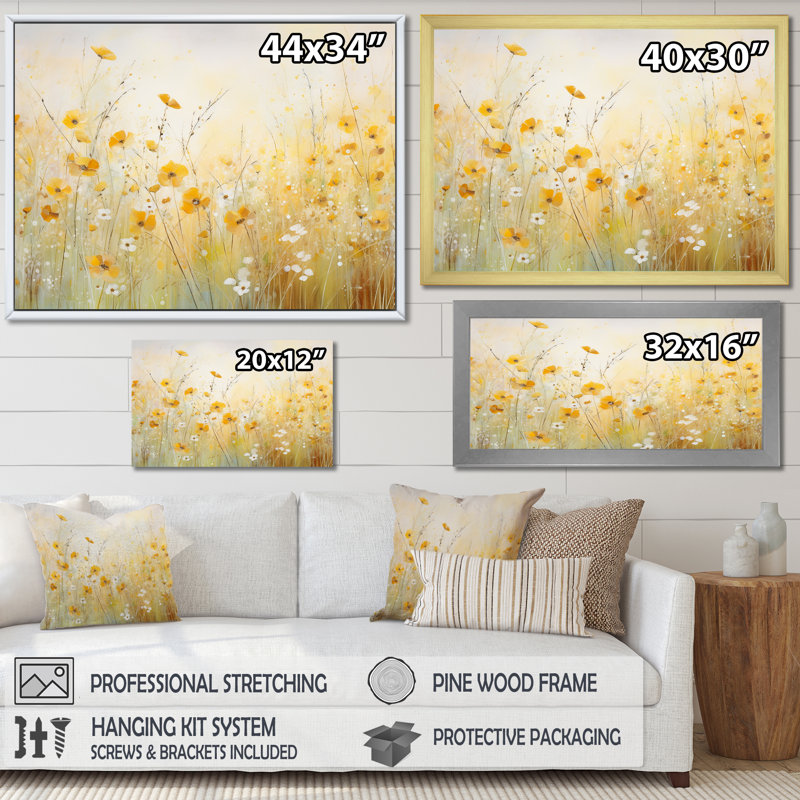 Fleurs de pavot jaunes en fleurs dans les prés - Décoration murale coquelicots, H 34 po x l 44 po x P 1,5 po