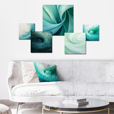 Teal Twisting Tranquillity Spiral - Abstract Spirals Wall Art Set Of 5
