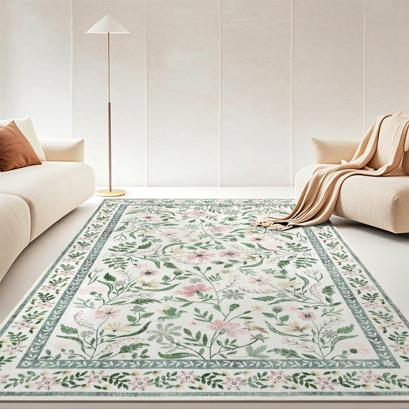 Green Floral Machine Washable Area Rug with Non-Slip Backing, Rectangle 6' x 9'