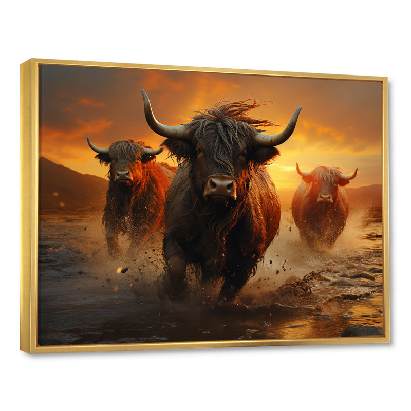 «Expressionist Yaks Horizon I» sur toile, Cadre flottant doré, H 34 po x l 44 po
