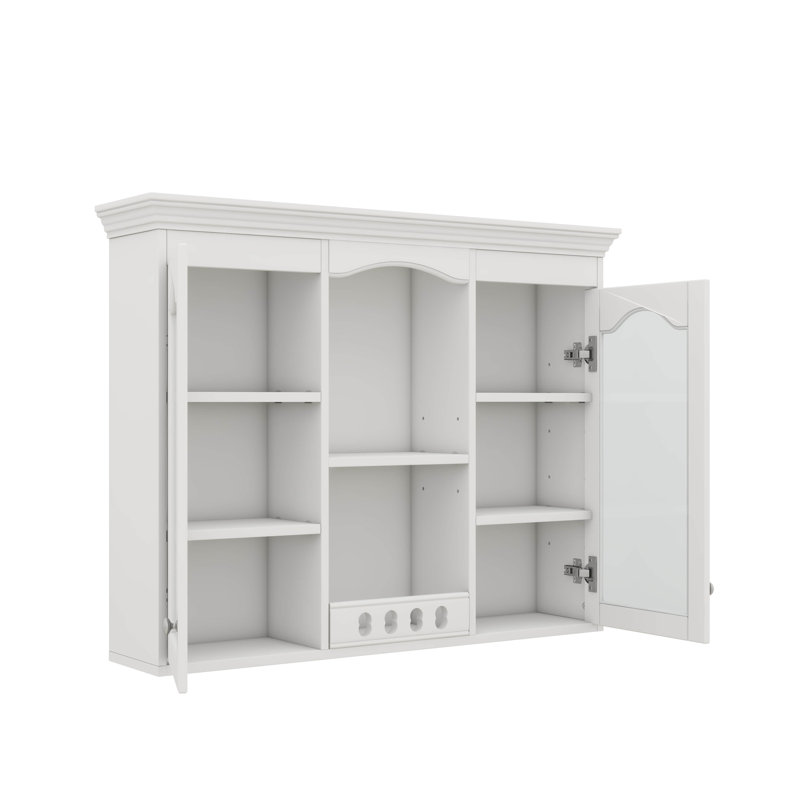 Armoire à pharmacie murale avec 2 portes en verre au-dessus de la toilette et beaucoup d'espace de rangement blanc