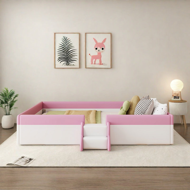 Floor Upholstered Kids Bed With Stairs, Pink/White, King