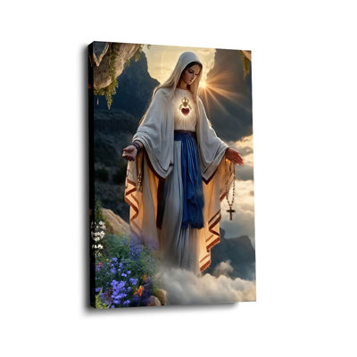 Sacred “Mary with Immaculate Heart & Rosary (Radiant Tone)” Our Lady Canvas Wall Art Stretched Frame for Cozy Studio