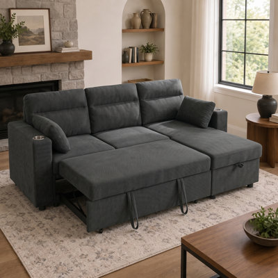 82.5" Convertible L-Shaped Sectional Sofa Bed with Pull-Out Sleeper, Storage Chaise, Cup Holders and 2 Lumbar Pillows