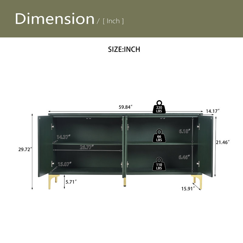 Grand buffet de rangement de style moderne de luxe de L 60 po avec 4 portes et dispositif de rebond pour le salon et le vestibule