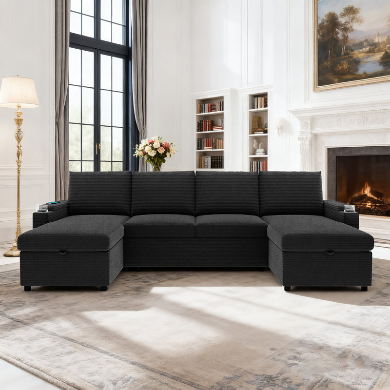 Canapé-lit modulaire en U avec méridienne de rangement, ports USB et porte-gobelets, Velours côtelé noir