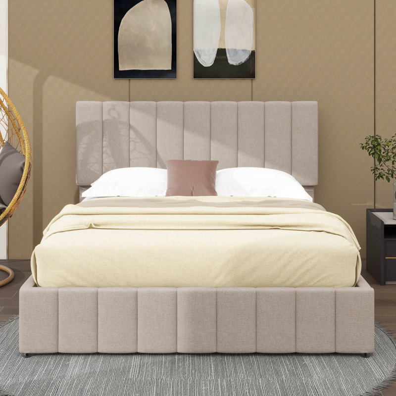 Grand lit plateforme tapissier avec système de rangement à levage hydraulique, Beige