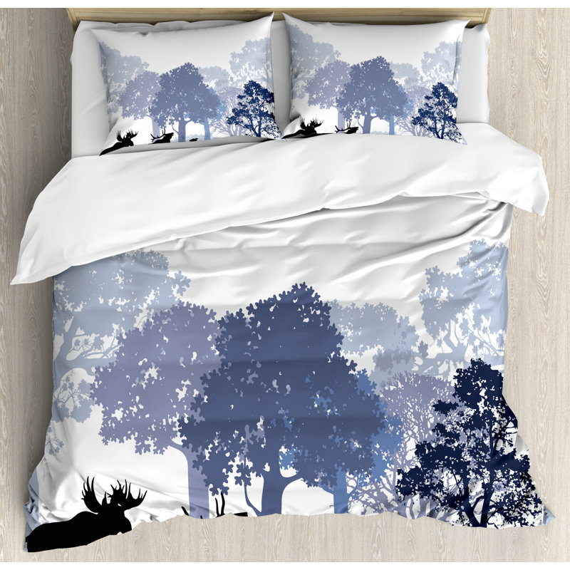 King Size Blue and White Forest Animal Duvet Cover Set