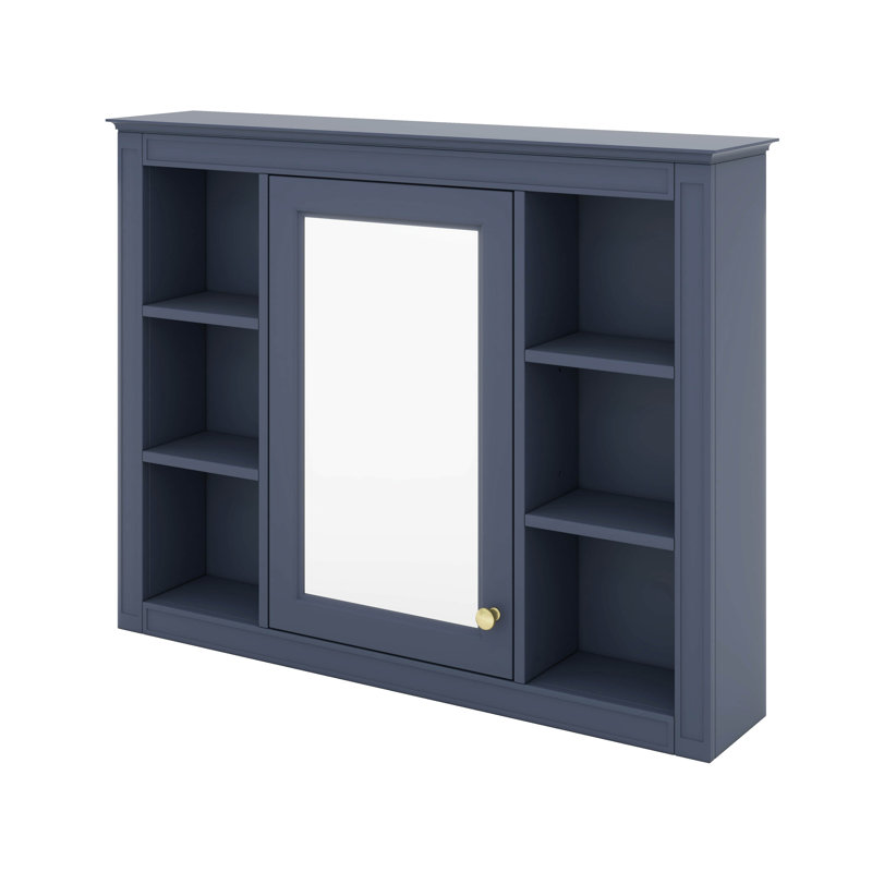 Armoire à pharmacie murale moderne avec miroir, solution de rangement élégante avec 6 tablettes ouvertes, Bleu