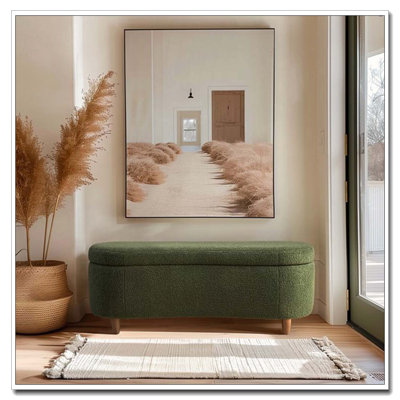 Boucle Upholstered Bench Flip Top Storage Bench,Solid Wood Legs