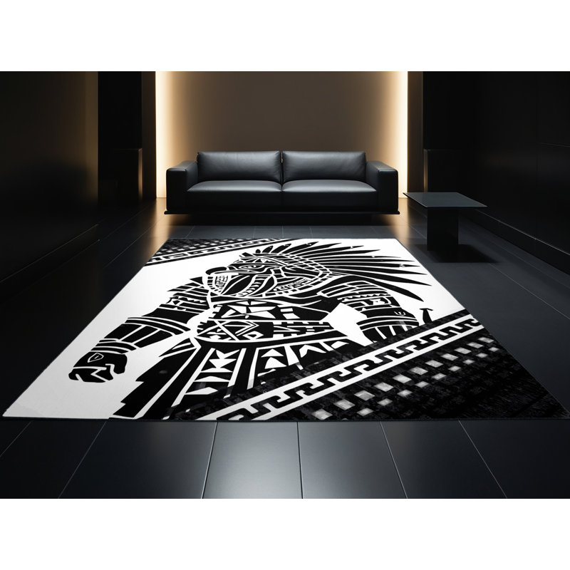 Tapis noir moelleux moelleux d'inspiration aztèque à motif d'aigle Warrior Global, 7 x 9