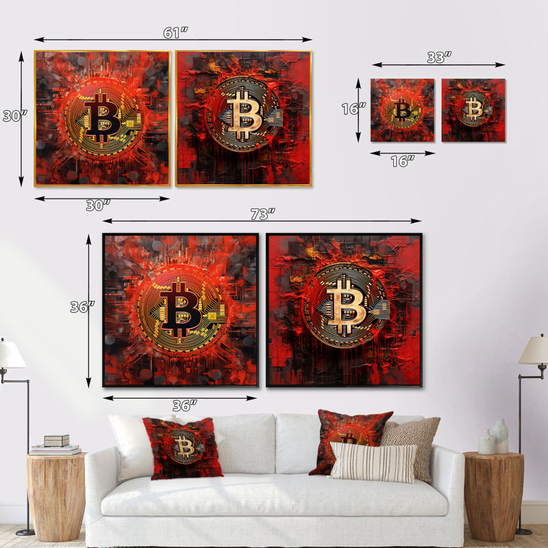 Cryptographie Crimson Bitcoin - Fashion Collage carré de 2 pièces, Cadre flottant noir, H 16 po x l 33 po