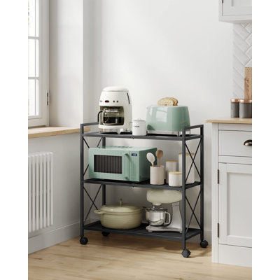 3-tier Metal Storage Rack With Wheels, Mesh Shelving Unit With X Side Frames
