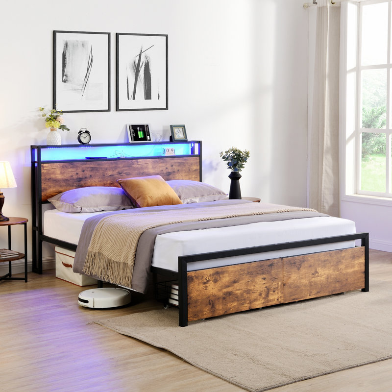 Cadre de lit moderne pour chambre à coucher, chambre d'amis, cadre de lit de chambre à coucher 1 pièce avec 2 tiroirs, lit à lumières DEL avec station de charge