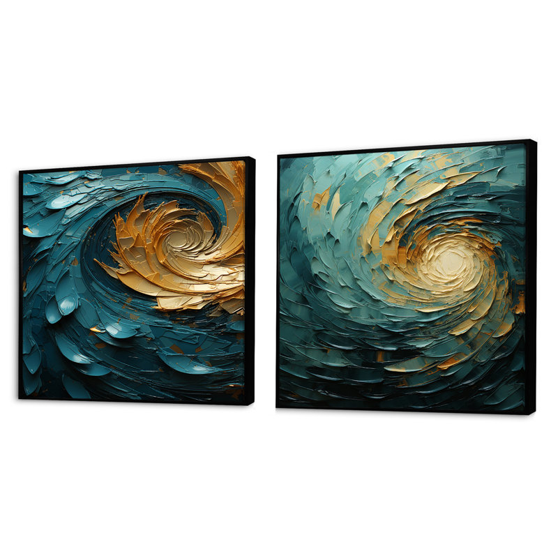 Majestic Motion Teal Spiral - Ensemble de 2 collages carrés abstraits en spirale, Cadre flottant noir, H 16 po x l 33 po