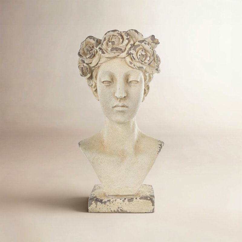 Cream Magnesium Oxide Woman Distressed Antique Greek Bust Indoor Outdoor Planter with Floral Accents