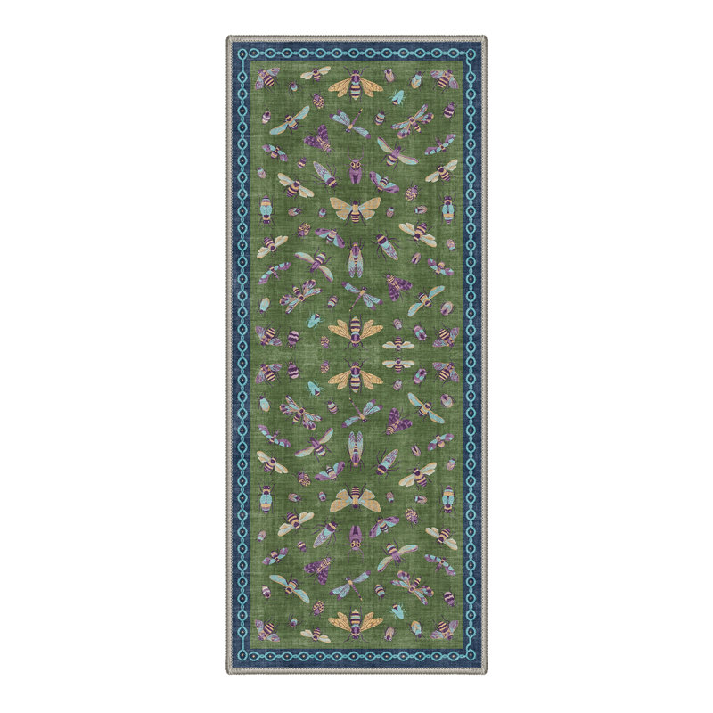 Aura Wing Boho Machine Washable Green / Purple / Blue Indoor Area Rug with Non-Slip Backing, Runner 2' x 6'