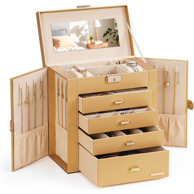 Large Jewelry Box With Mirror And Lock - Watch Organizer With Multiple Drawers And Swing-Out Cabinets For Necklaces, Rings, Earrings, And Bracelets Storage