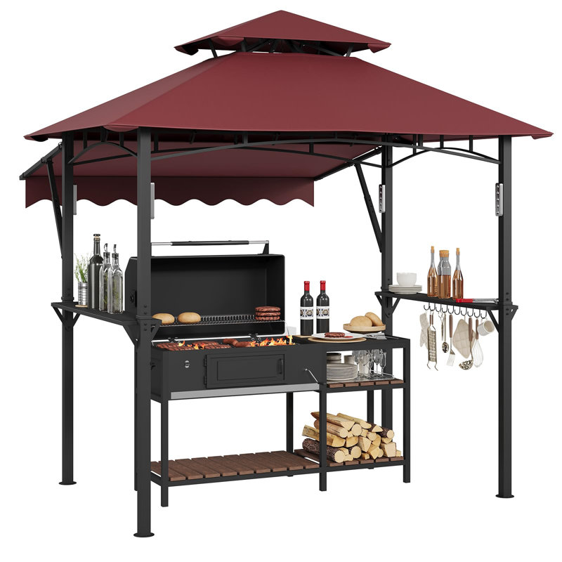 Heavy Duty Steel Grill Gazebo 8' x 5' with Double-Tier Roof, 7' x 3' Awning, Shelves, Outdoor BBQ Canopy Shelter for Patio Backyard, Claret Red