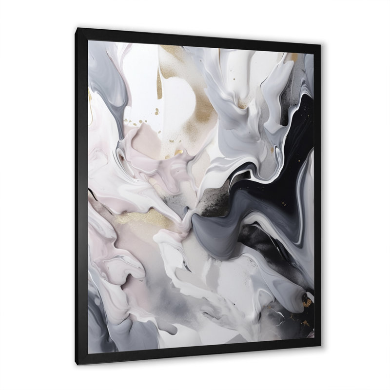 Marbre blanc et gris captivant II - art mural abstrait en marbre, Cadre photo noir, H 20 po x l 12 po x P 1 po
