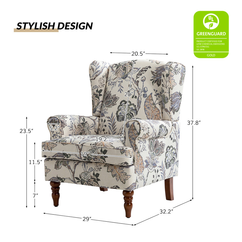 Fauteuil à oreilles 29 po Anayat, Mélange de polyester multicolore floral gris
