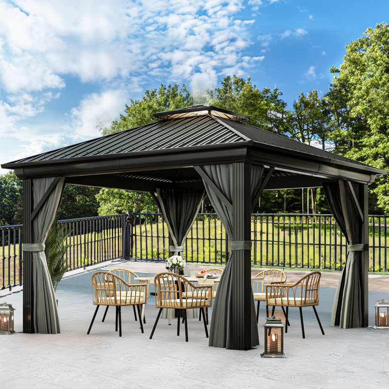 Outdoor Aluminum Hardtop Patio Gazebo with Curtain and Netting, 12 ft x 12 ft