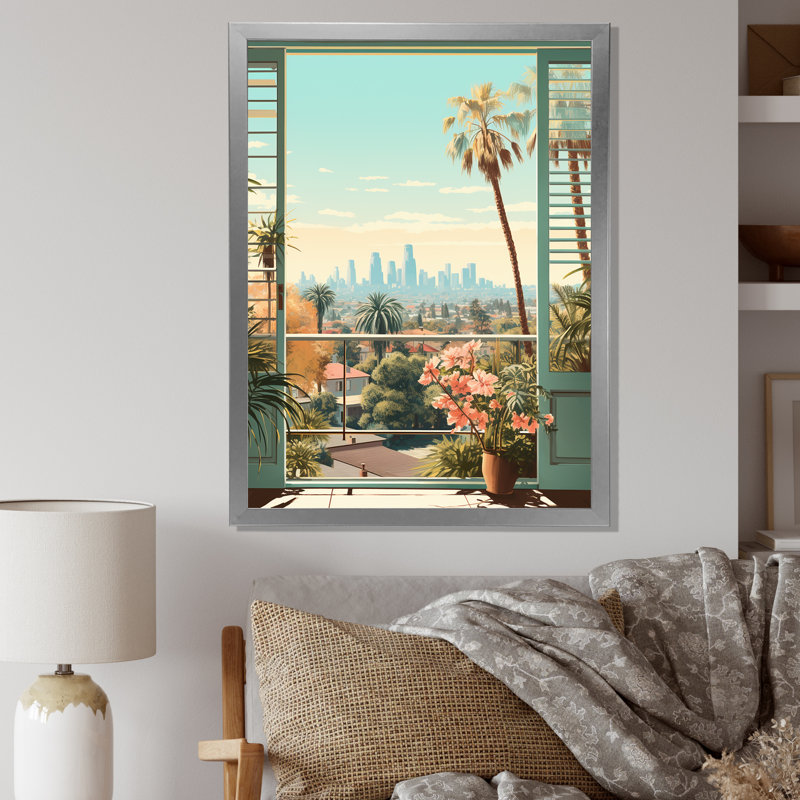 «Vintage Los Angeles Window View 2», art mural floral, Cadre simple argenté, H 32 po x l 24 po x P 1 po