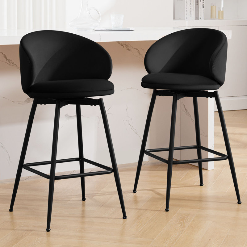 Black Velvet Upholstered Swivel Counter Height Bar Stools, Set of 2