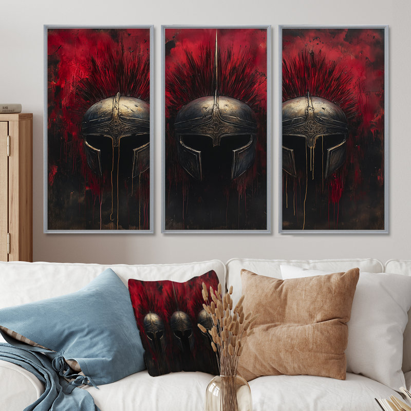 Casque de soldat noir et rouge Spartan - ensemble d'art mural Warrior, Toile argentée avec cadre flottant