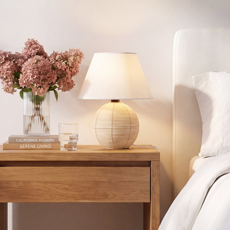 Jaylee Woven Cane Rattan Mini Sphere Table Lamp in Whitewash