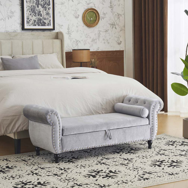 Banc de rangement en velours avec accoudoirs, Gris