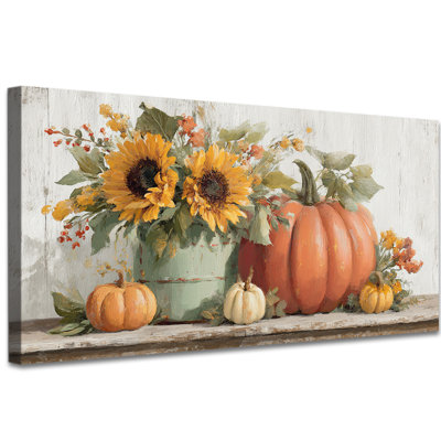Castillon - citrouille et tournesol, photos d'automne, reproduction d'art sur toile pour le salon de l'Action de grâce, reproduction sur toile tendue, 12 po x 24 po