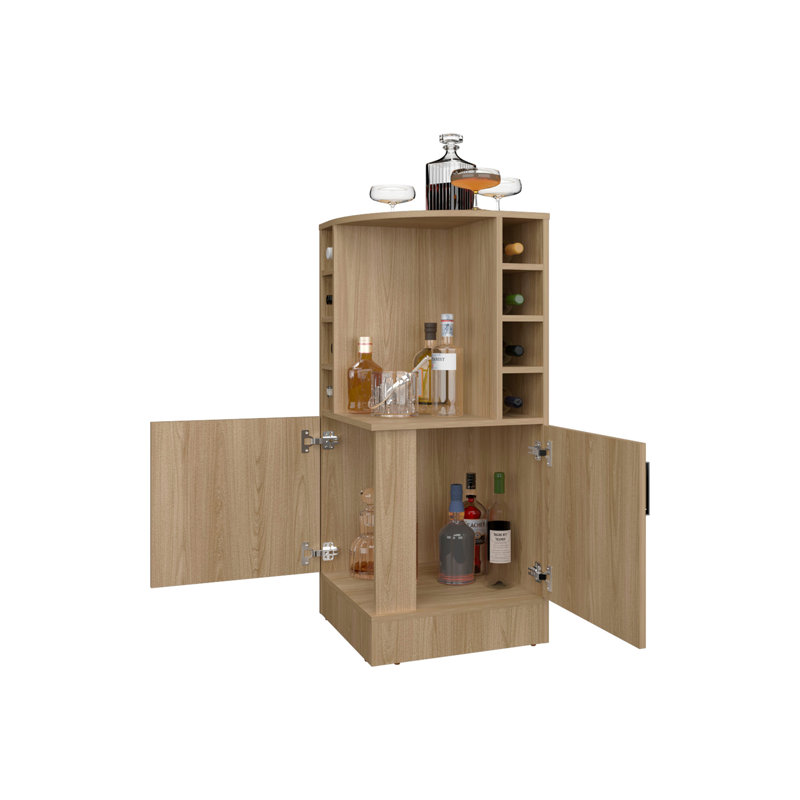 Bar de coin Toyei avec porte-bouteilles, tablettes ouvertes et rangement caché, Bois naturel