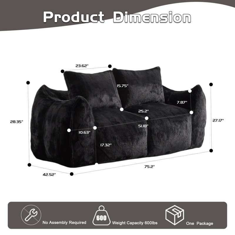Fauteuil à billes géant pour adultes, fauteuil à billes moelleux ultra moelleux, méridienne surdimensionnée pour salon, sans assemblage requis, fauteuil de lecture confortable avec coussins, noir
