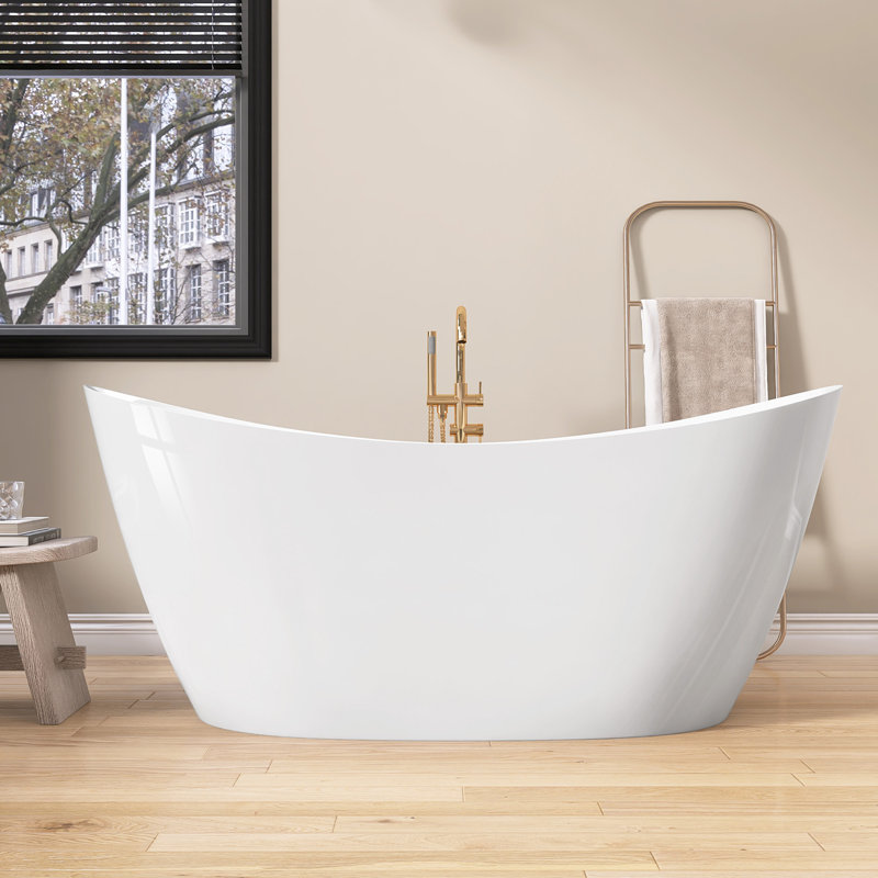 Vastwild 63'' Acrylic White Freestanding Bathtub Double Slipper Soaking Tub With Overflow Oval Shape