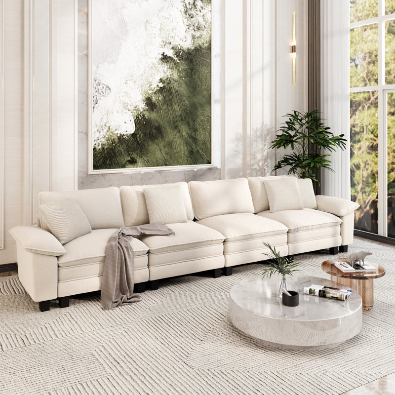 158" Modular Sectional Sofa, Comfy Cloud Couch For Living Room, 4-seater Deep Seat Sofa With Throw Pillow, Ivory Chenille