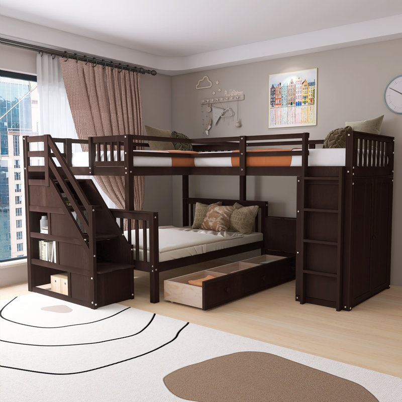 118'' Solid Wood Twin-Twin Over Full L-Shaped Bunk Bed With 3 Drawers, Portable Desk And Wardrobe, Espresso