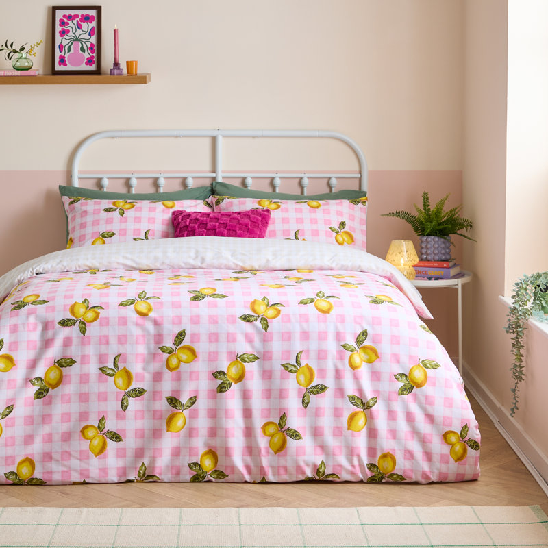 Gingham Lemons Cotton Blend Gingham Duvet Cover Set with Pillowcases Included, Double Duvet Cover + 2 Standard Pillowcases