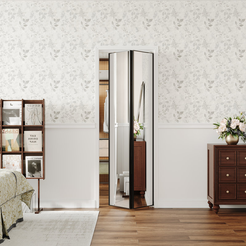 Porte pliante - 1 porte pliante en aluminium à surface en miroir avec quincaillerie incluse, Noir, 24 po x 80 po