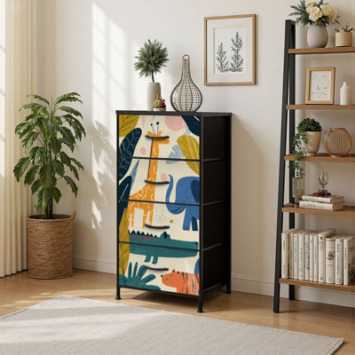 4 Drawer Vertical Storage Dresser Seamless Jungle animals Hand drawn For kids with Wood Top Fabric Pull Drawers