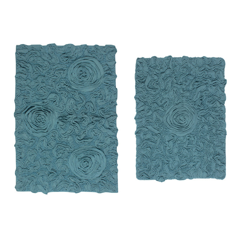 Freida Rectangle 100% Cotton 2 Piece Bath Rug Set, Blue, 17" W x 24" L, 21" W x 34" L