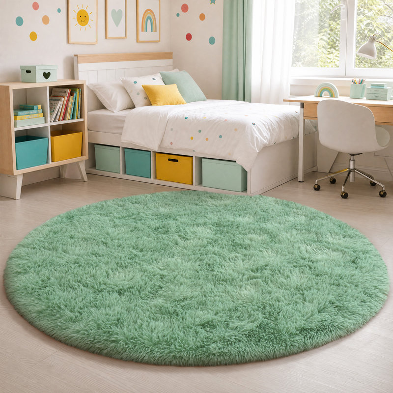 Solid Rug Soft Fluffy Mint Green Indoor Area Rug for Living Room Bedroom Nursery Kids Room, Mint Green, Round 6'