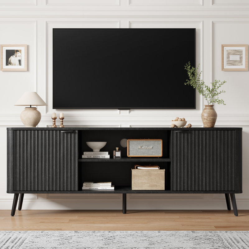 58" Modern Fluted TV Stand with Rounded Side Design, Hidden Storage & Open Shelf, Minimalist Media Console for TVs up to 65 Inch with Cable Management